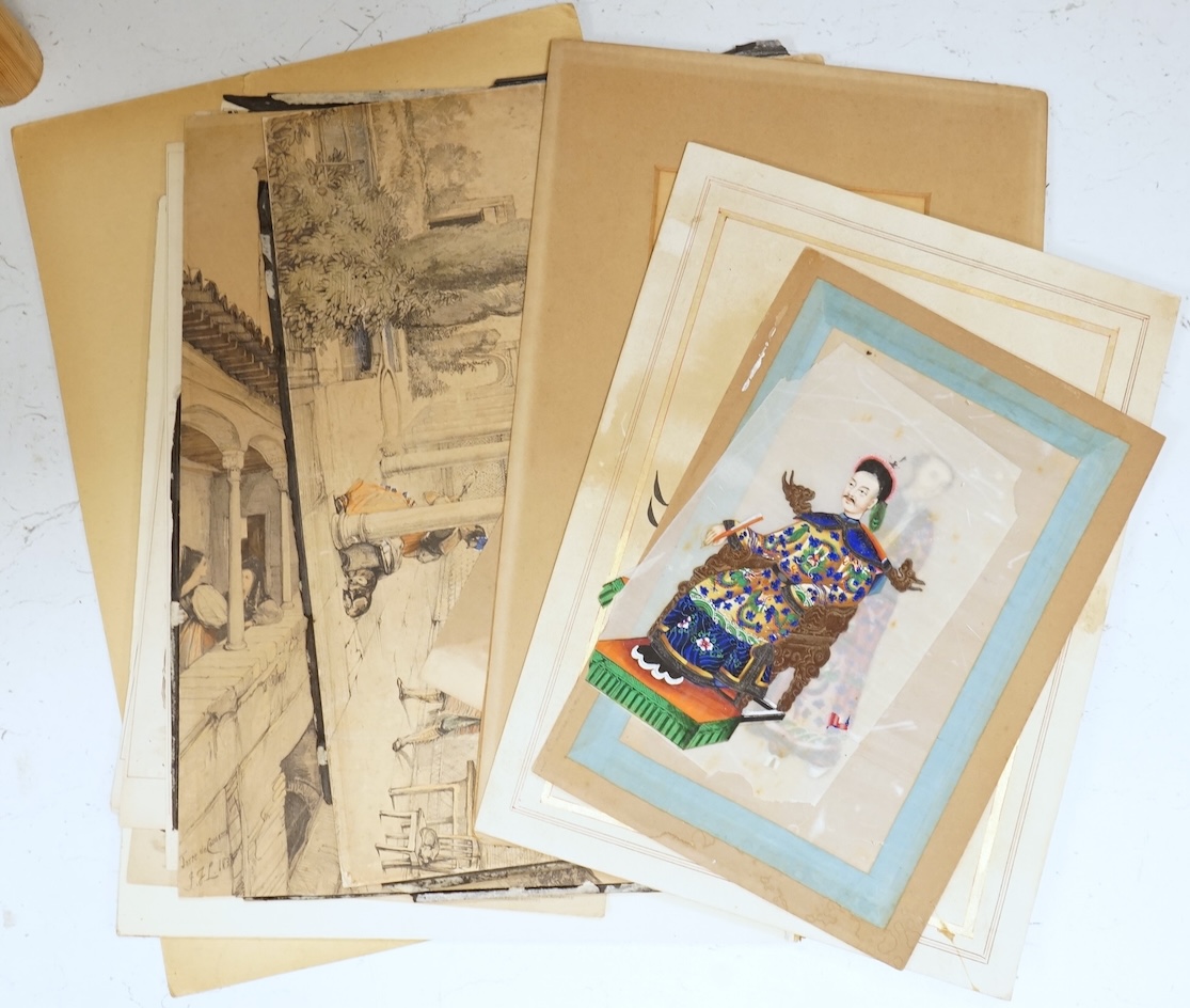 A collection of unframed watercolours and prints, to include: Chinese pith paper paintings, 19th century German fashion plates and studies of gentlemen in military dress, two gouaches
